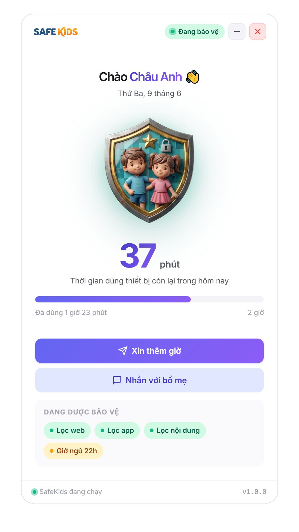 App SafeKids trên máy con
