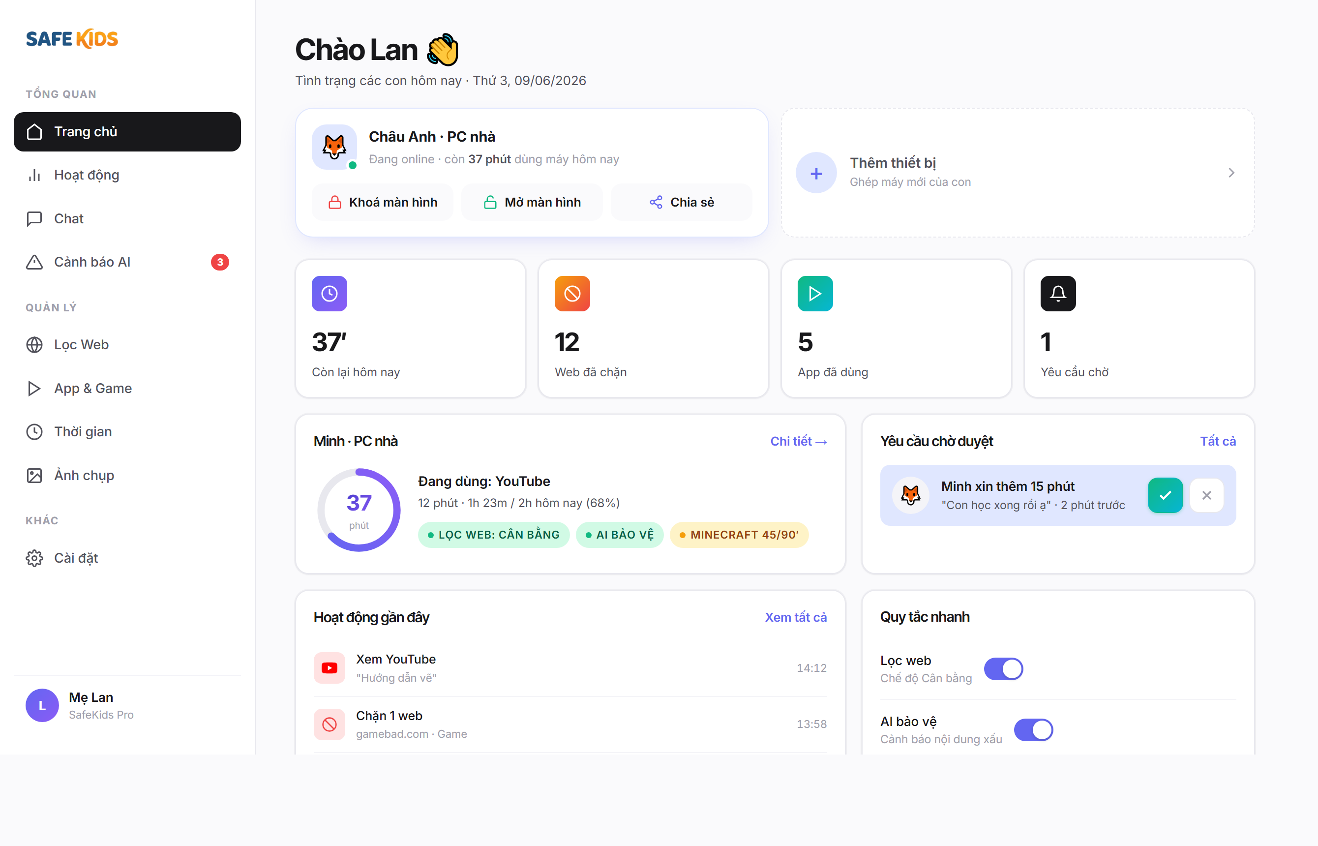 Web quản trị SafeKids cho phụ huynh